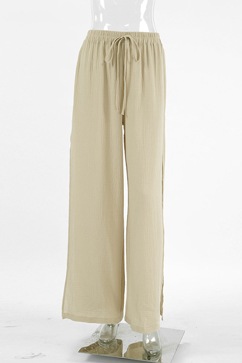Kailani - Wijde Broek met Casual vetersluiting, losse hoge taille-Wijde Broeken-Calora-Khaki-S-Calora
