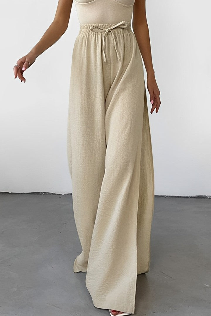 Kailani - Wijde Broek met Casual vetersluiting, losse hoge taille-Wijde Broeken-Calora-Khaki-S-Calora