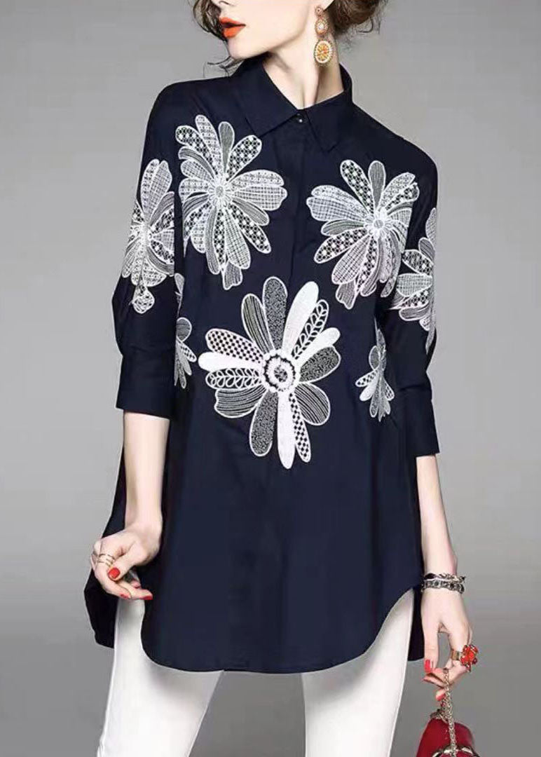 CALORA_ Katoenen Blouse met Handgemaakte Blauwe Peter Pan Kraag