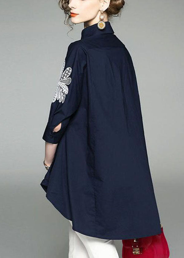 CALORA_ Katoenen Blouse met Handgemaakte Blauwe Peter Pan Kraag
