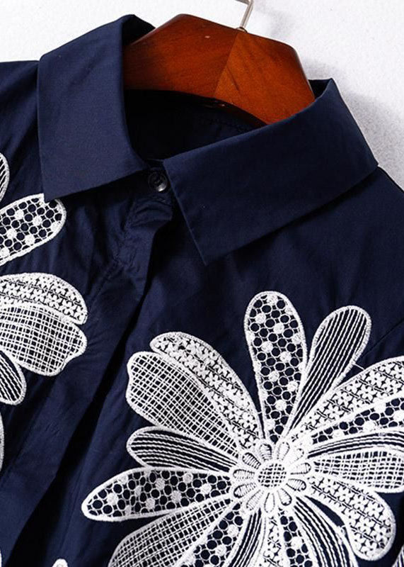 CALORA_ Katoenen Blouse met Handgemaakte Blauwe Peter Pan Kraag