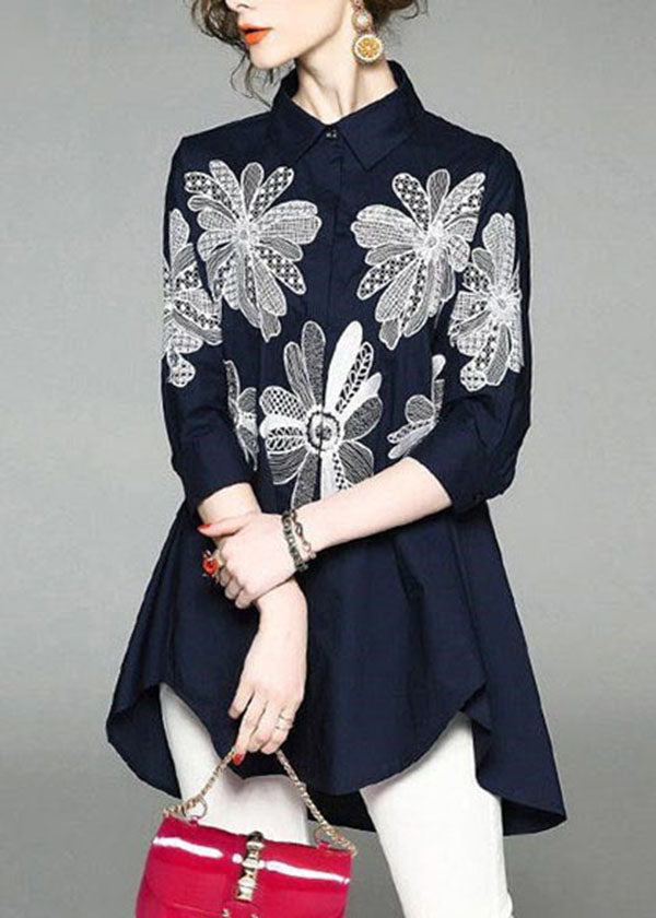 CALORA_ Katoenen Blouse met Handgemaakte Blauwe Peter Pan Kraag