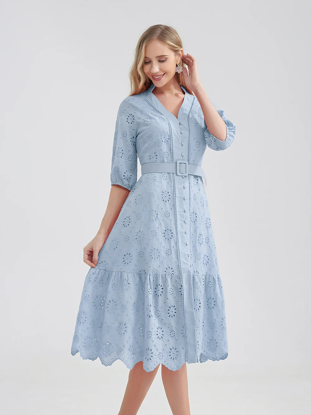 Katoenen Zomerjurk Met Opengewerkt V Hals En Ruches-Zomer Jurken-Calora-Blauw-XL-Calora