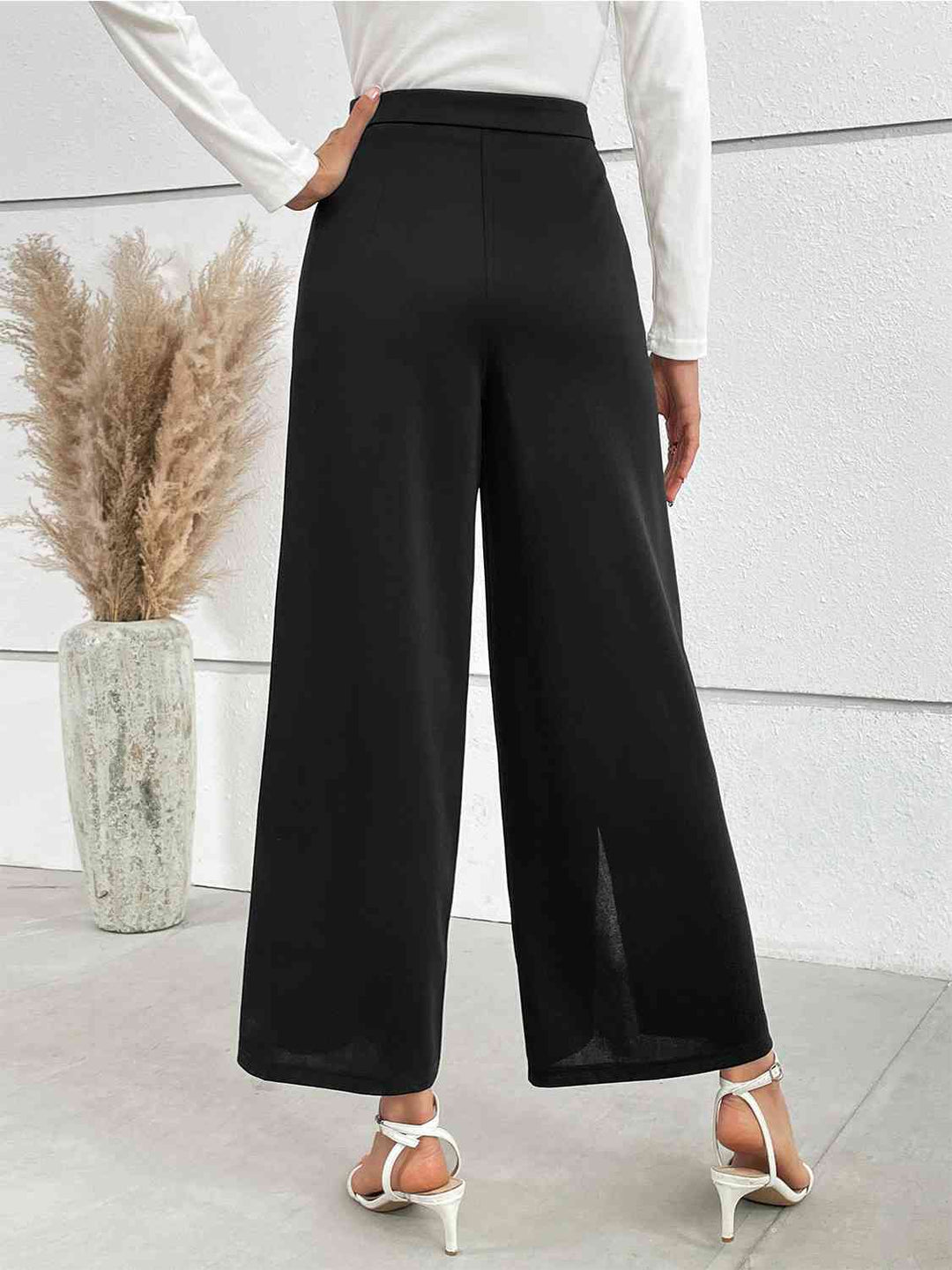 Kettingdetail Split Wijde Broek-Wijde Broeken-Calora-Zwart-S-Calora