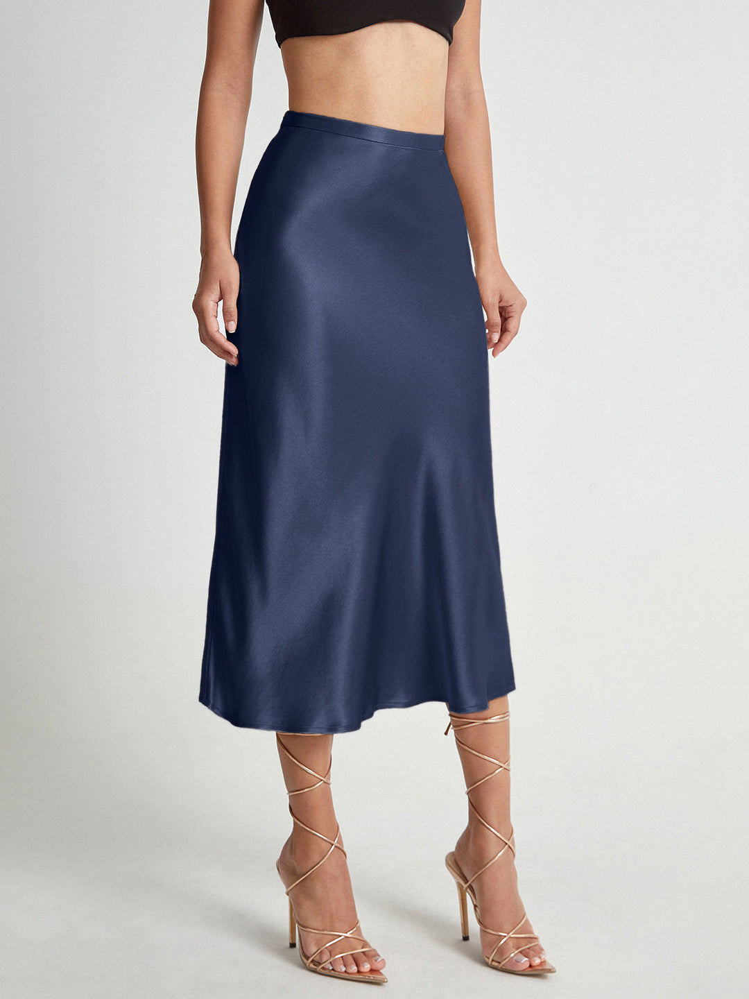 Kiele - Hoog getailleerde glanzende zwierige midi Rok-Rokken-Calora-Marineblauw-M-Calora