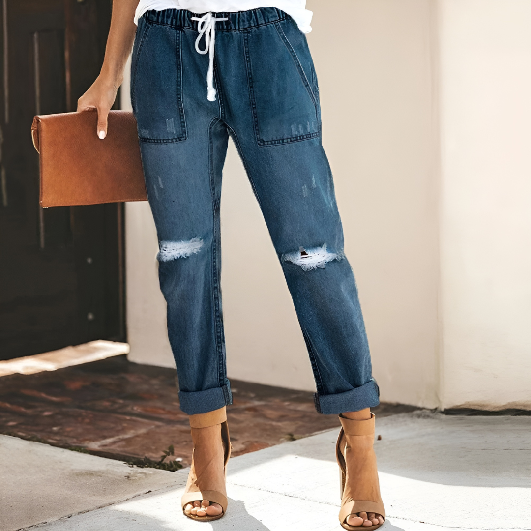 Klassieke Jeans Broek met gaten en rechte pijpen-Pantalons-Calora-Diepblauw-S-Calora