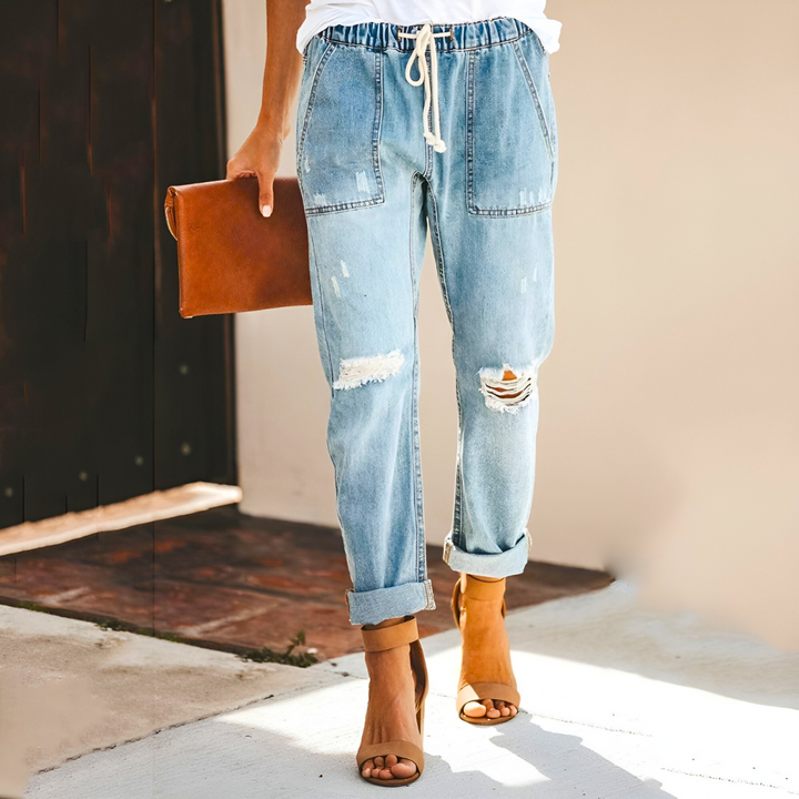 Klassieke Jeans Broek met gaten en rechte pijpen-Pantalons-Calora-Lichtblauw-S-Calora
