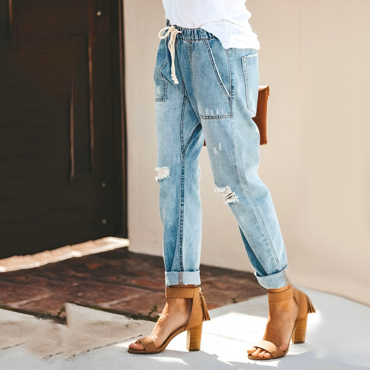 Klassieke Jeans Broek met gaten en rechte pijpen-Pantalons-Calora-Lichtblauw-S-Calora