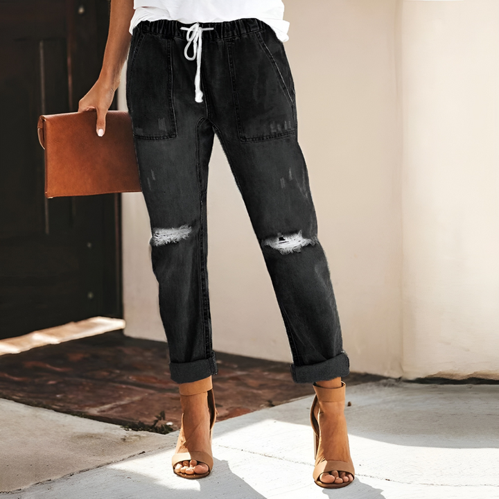 Klassieke Jeans Broek met gaten en rechte pijpen-Pantalons-Calora-Zwart-S-Calora