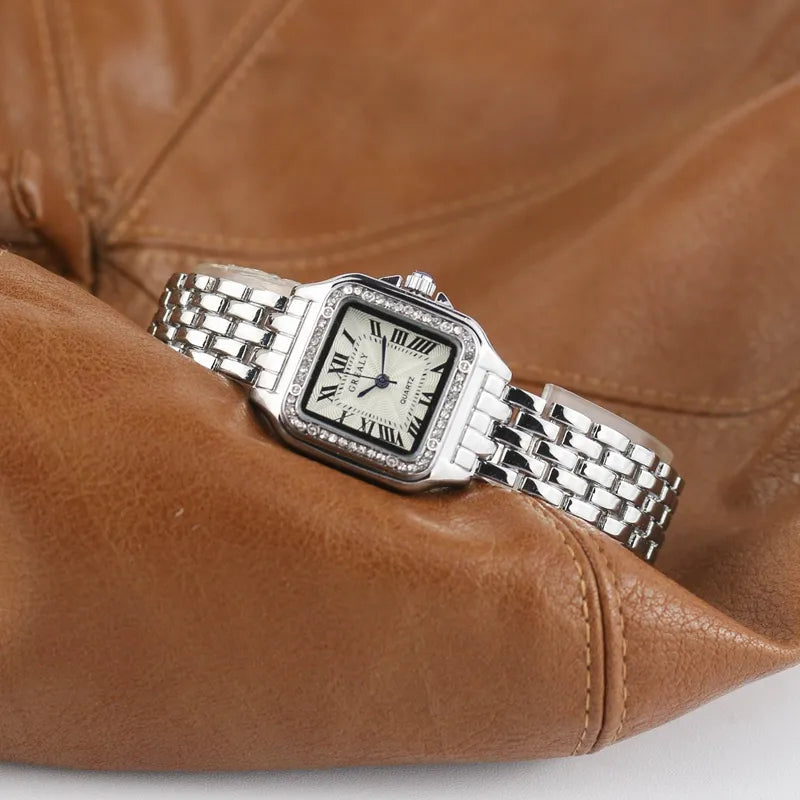 Klassieke Vierkante Dames Diamanten Horloge-Horloges-Calora-Zilver Diamant-Calora