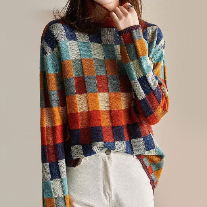 Kleurrijke wollen trui met hoge kraag en schaakbordmotief-Blazers & Vesten-Calora-Oranje-S-Calora