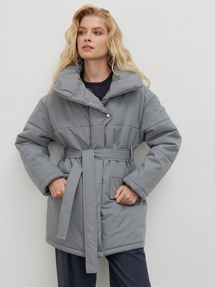 CALORA_ Kraaggewatteerde Winterjas met Tailleband en Snit voor Herfst/Winter
