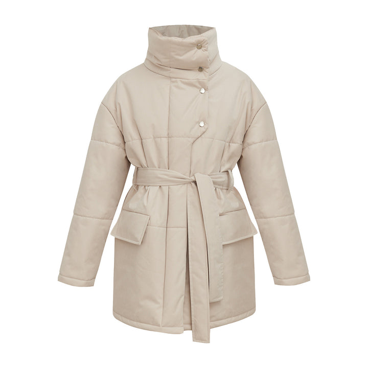CALORA_ Kraaggewatteerde Winterjas met Tailleband en Snit voor Herfst/Winter