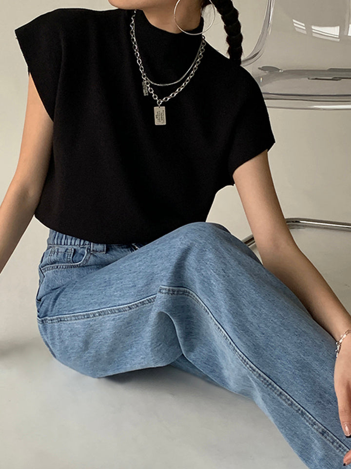 Krystal | effen pullover col top shirt-Blouses-Calora-Zwart-S-Calora