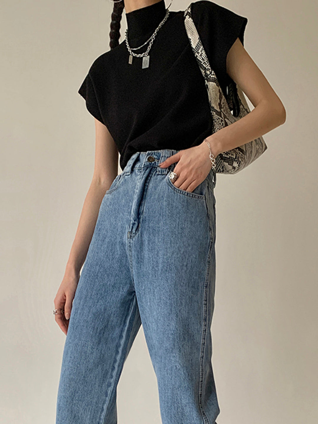 Krystal | effen pullover col top shirt-Blouses-Calora-Zwart-S-Calora