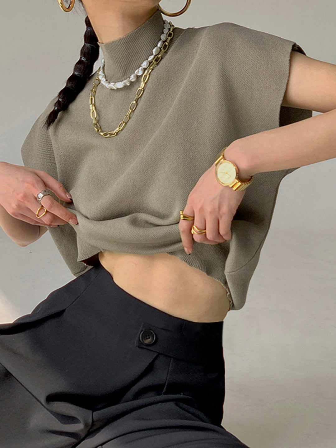 Krystal | effen pullover col top shirt-Blouses-Calora-Zwart-S-Calora