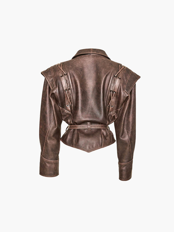 CALORA_ Kunstleren jas met V-hals en western stijl voor herfst