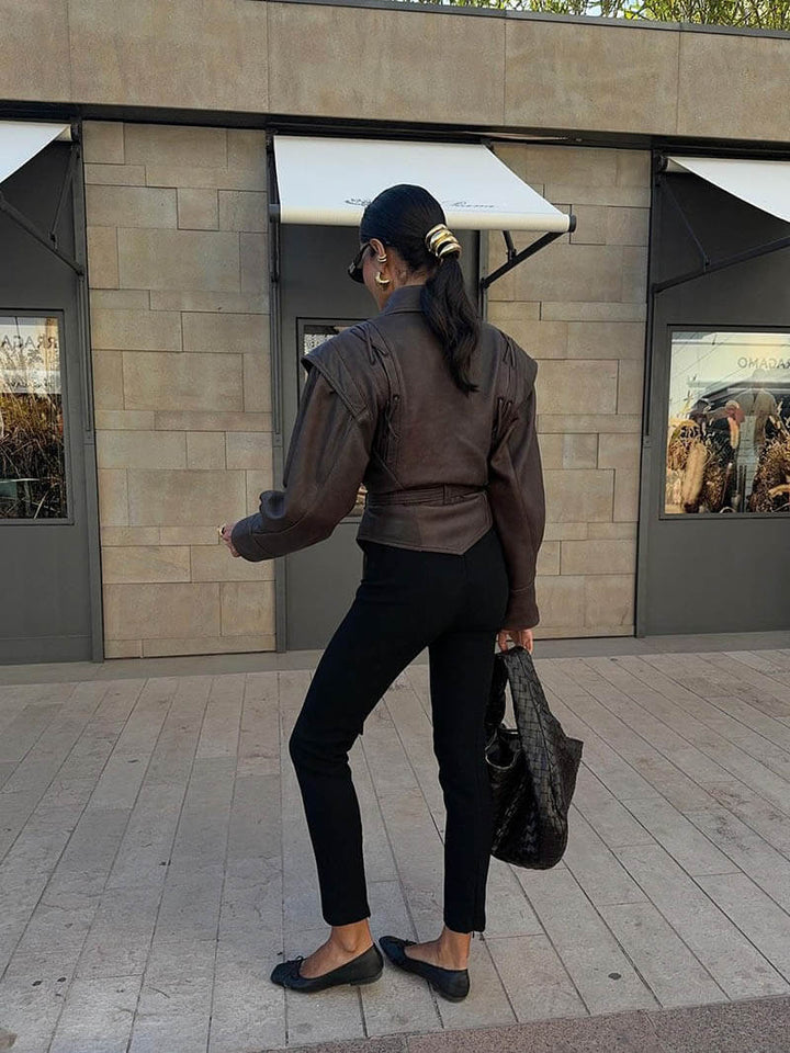 CALORA_ Kunstleren jas met V-hals en western stijl voor herfst