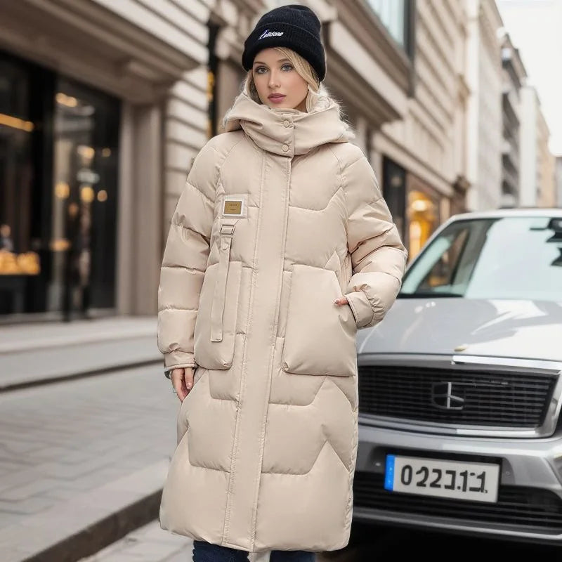 Kyra | Dames lange winter parka met capuchon - dikke gewatteerde jas-Zomer Jassen-Calora-Beige-S-Calora