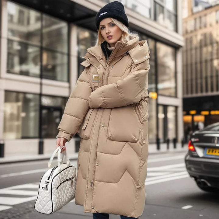 Kyra | Dames lange winter parka met capuchon - dikke gewatteerde jas-Zomer Jassen-Calora-Khaki-S-Calora