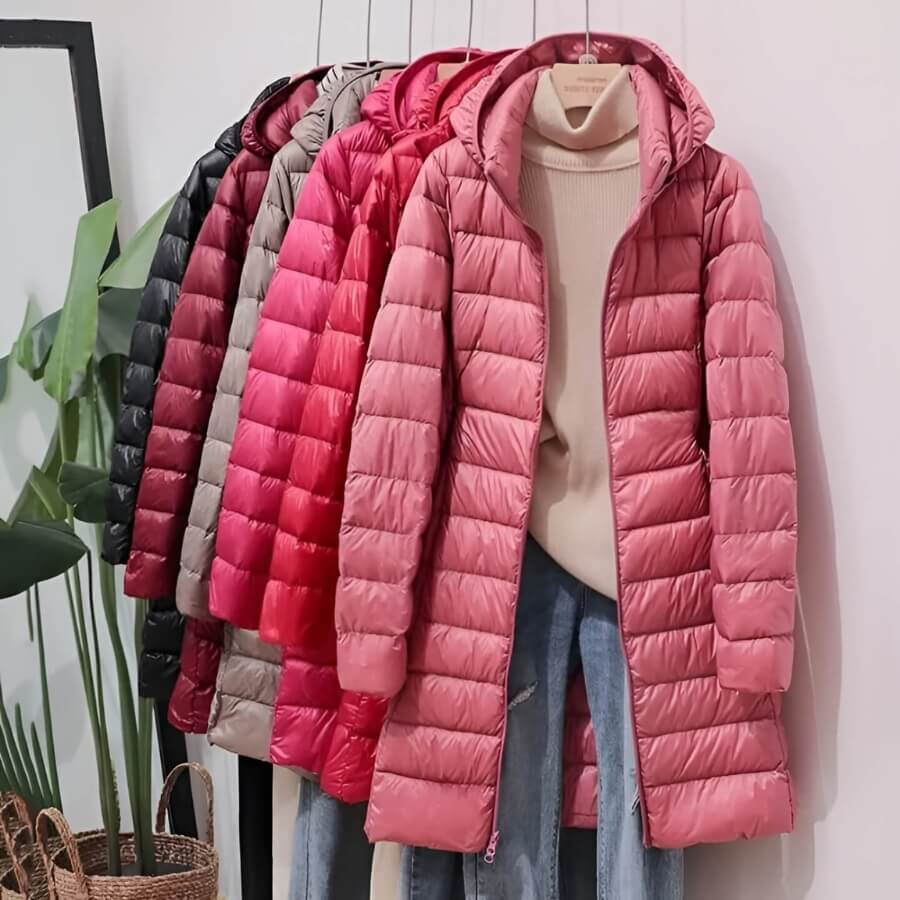 Lange Dames Donsjas met Capuchon-Coats & Jackets-Calora-Blauw-M-Calora