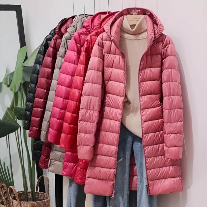 Lange Dames Donsjas met Capuchon-Coats & Jackets-Calora-Blauw-M-Calora