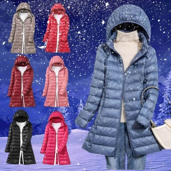 Lange Dames Donsjas met Capuchon-Coats & Jackets-Calora-Blauw-M-Calora