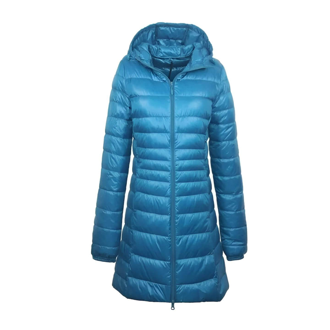 Lange Dames Donsjas met Capuchon-Coats & Jackets-Calora-Blauw-M-Calora