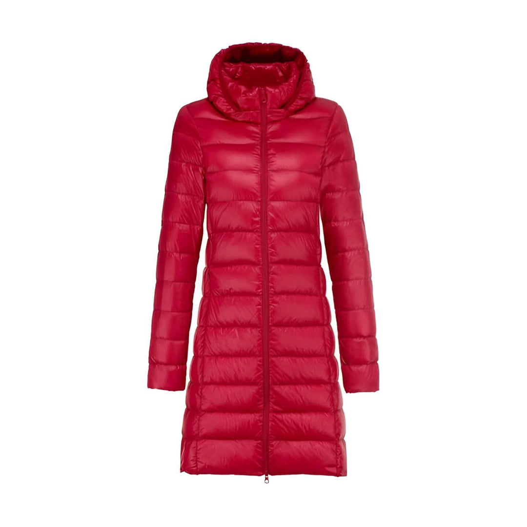 Lange Dames Donsjas met Capuchon-Coats & Jackets-Calora-Rood-M-Calora