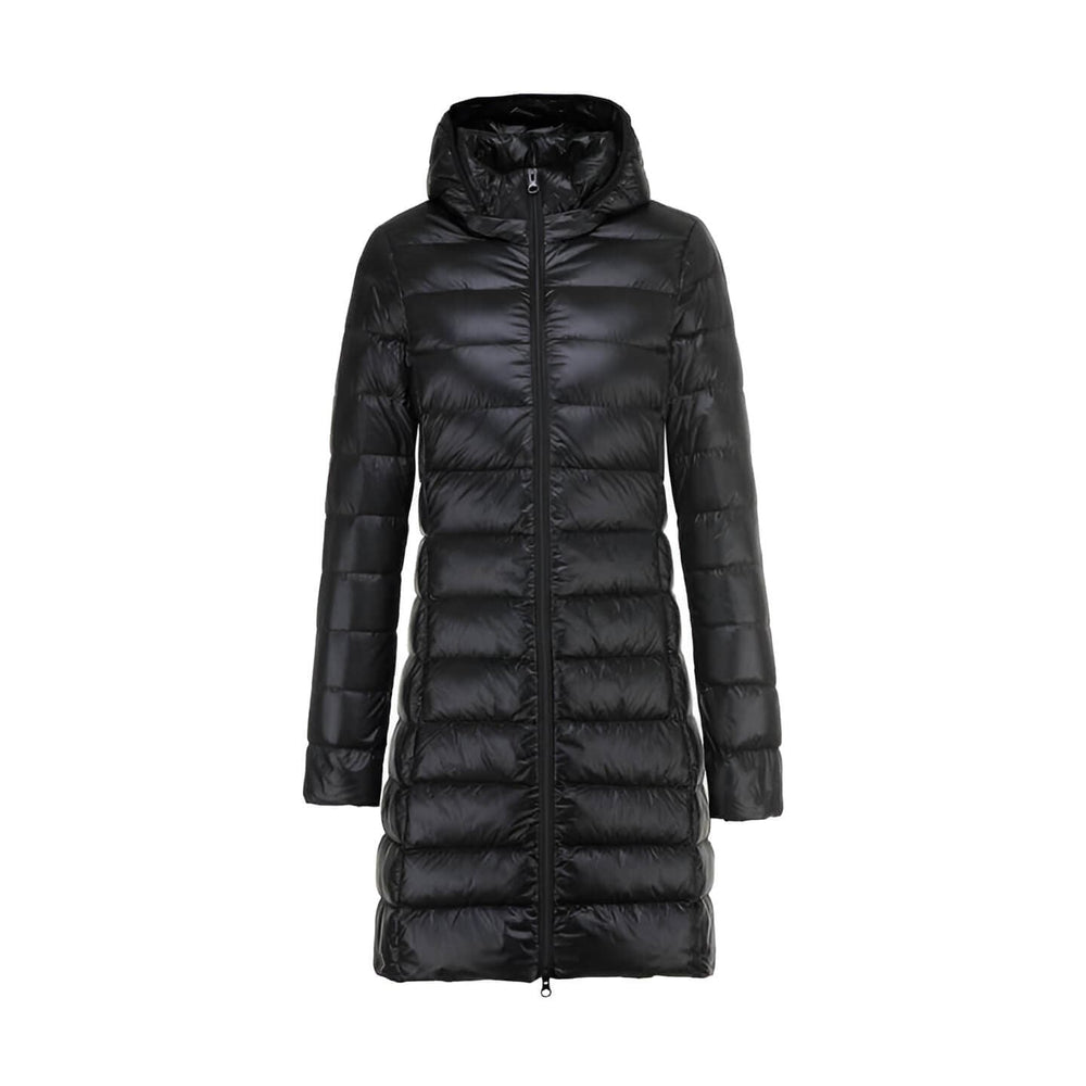 Lange Dames Donsjas met Capuchon-Coats & Jackets-Calora-Zwart-M-Calora