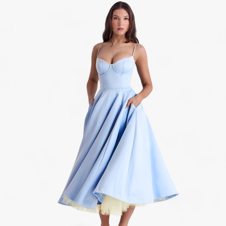 Lange Gala Jurk Met Verfijnde Brede Snit En Elegante Details-Feest Jurken-Calora-Blauw-S-Calora