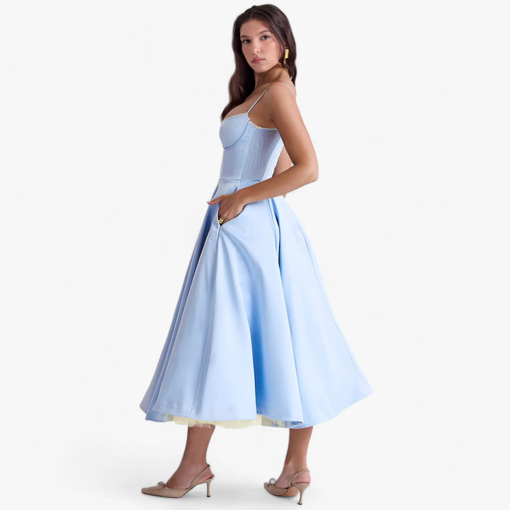 Lange Gala Jurk Met Verfijnde Brede Snit En Elegante Details-Feest Jurken-Calora-Blauw-S-Calora