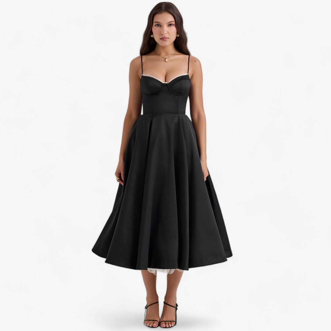 Lange Gala Jurk Met Verfijnde Brede Snit En Elegante Details-Feest Jurken-Calora-Zwart-S-Calora
