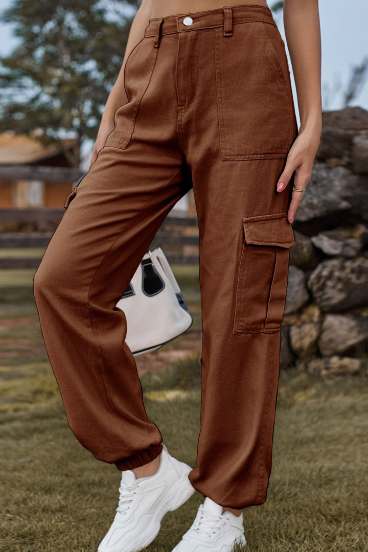 Lange gekleurde Spijkerbroek met zakken-Pantalons-Calora-Kastanje-S-Calora