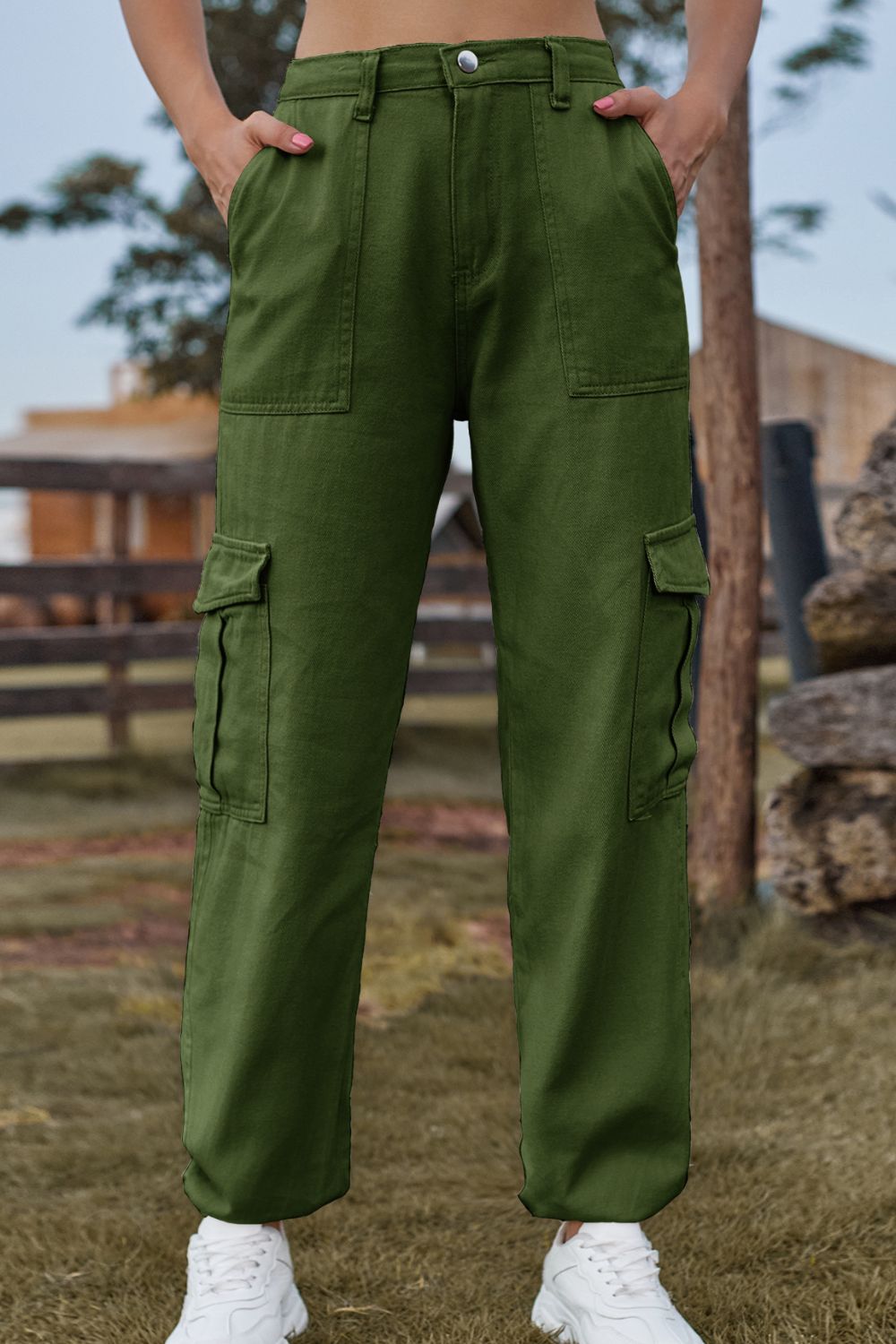 Lange gekleurde Spijkerbroek met zakken-Pantalons-Calora-Legergroen-S-Calora