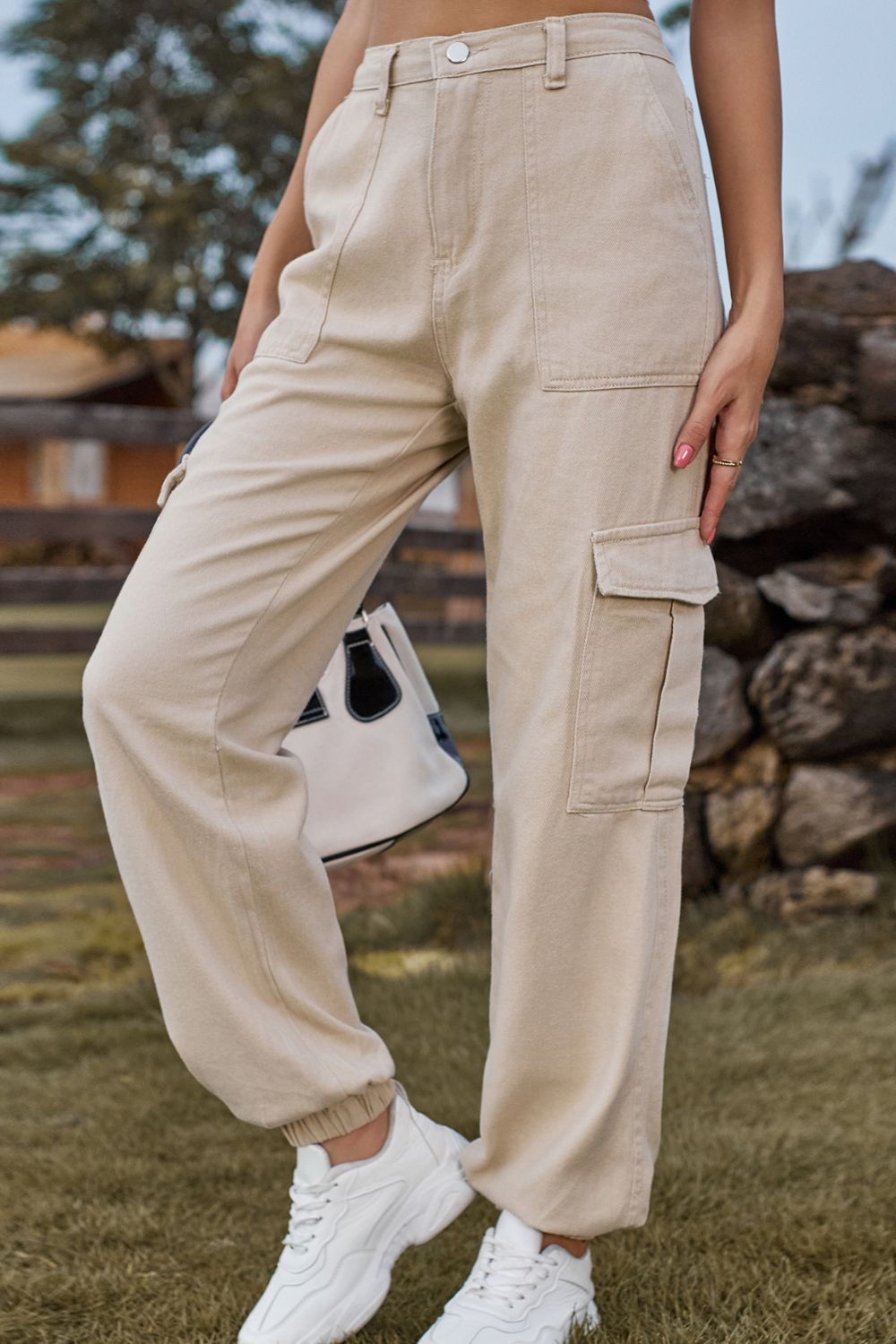 Lange gekleurde Spijkerbroek met zakken-Pantalons-Calora-Zand-S-Calora