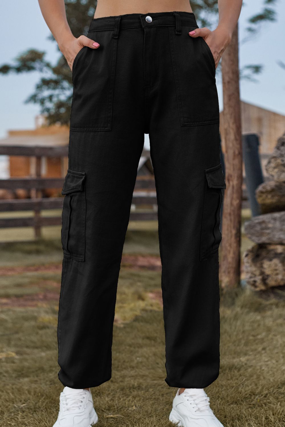 Lange gekleurde Spijkerbroek met zakken-Pantalons-Calora-Zwart-S-Calora