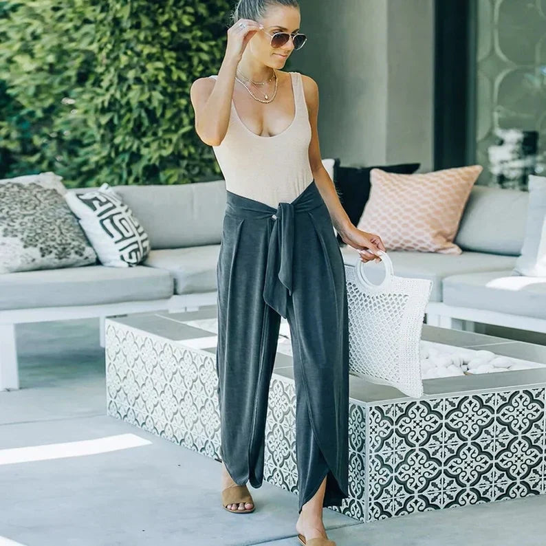Lange losse broek met riem-Wijde Broeken-Calora-Blauw-M-Calora