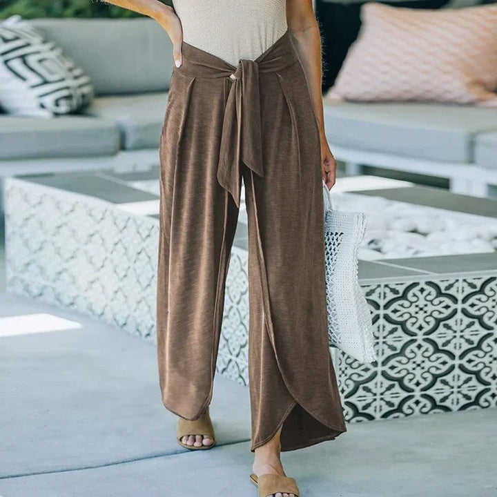 Lange losse broek met riem-Wijde Broeken-Calora-Donkerbruin-M-Calora