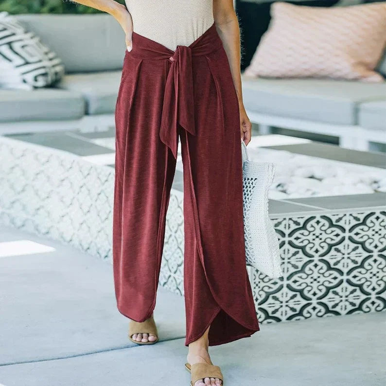 Lange losse broek met riem-Wijde Broeken-Calora-Wijnrood-M-Calora