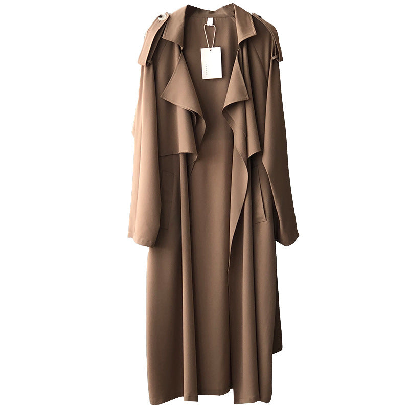 Lange Trenchcoat Voor Dames Met Reverskraag en Strak Design-trenchcoat dames-Calora-Bruin-S-Calora