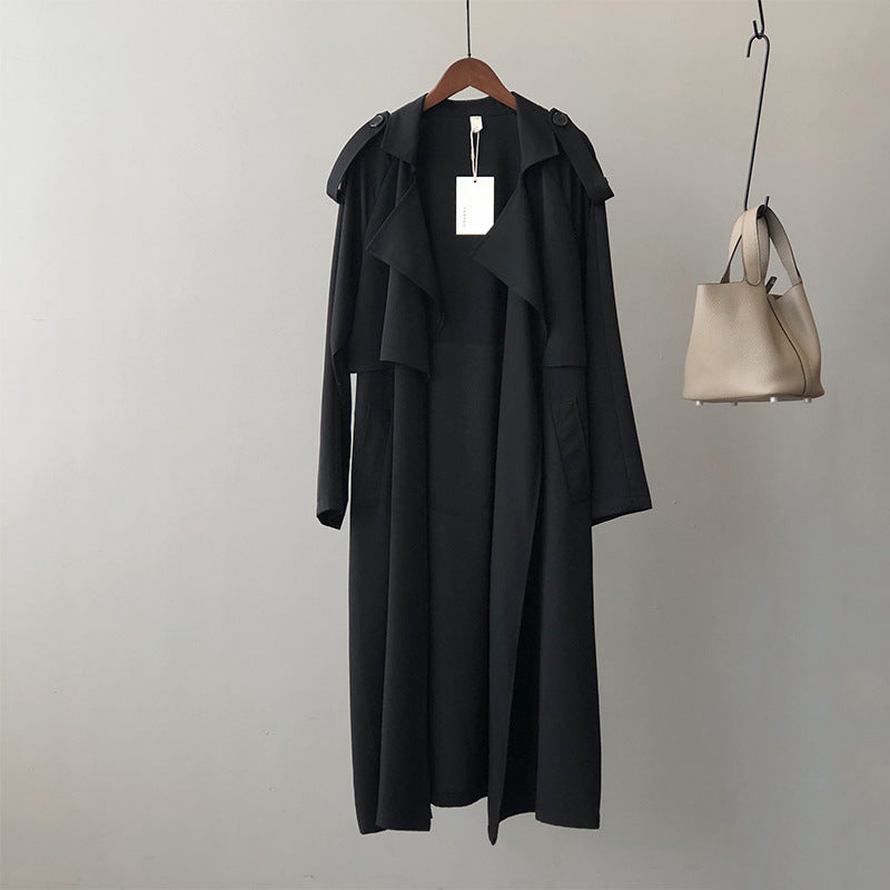 Lange Trenchcoat Voor Dames Met Reverskraag en Strak Design-trenchcoat dames-Calora-Zwart-S-Calora