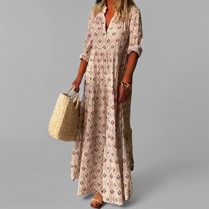 CALORA_ Lange Zomerse Maxi Jurk van Katoen met V-Hals en Vintage Print