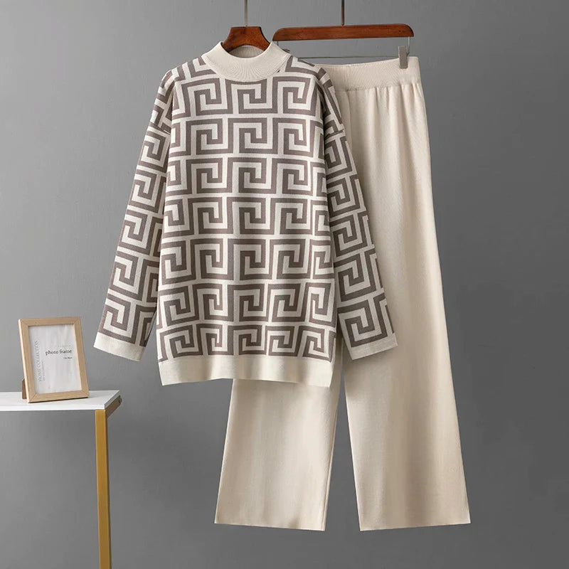 Lente/herfst o-hals jacquard trui en elegante casual losse broek 2 stuks - set-Sets & Pakken-Calora-Beige-Eén maat-Calora