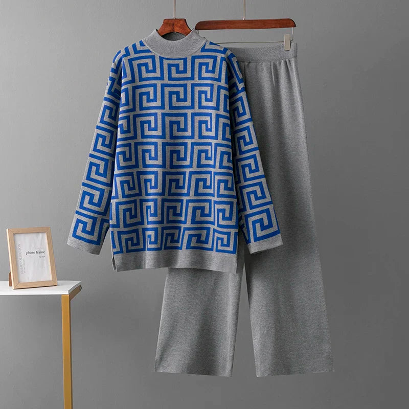 Lente/herfst o-hals jacquard trui en elegante casual losse broek 2 stuks - set-Sets & Pakken-Calora-Blauw-Eén maat-Calora