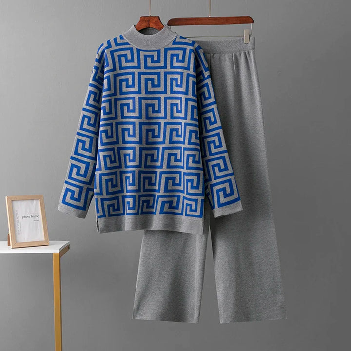 Lente/herfst o-hals jacquard trui en elegante casual losse broek 2 stuks - set-Sets & Pakken-Calora-Blauw-Eén maat-Calora