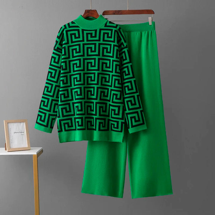 Lente/herfst o-hals jacquard trui en elegante casual losse broek 2 stuks - set-Sets & Pakken-Calora-Groen-Eén maat-Calora