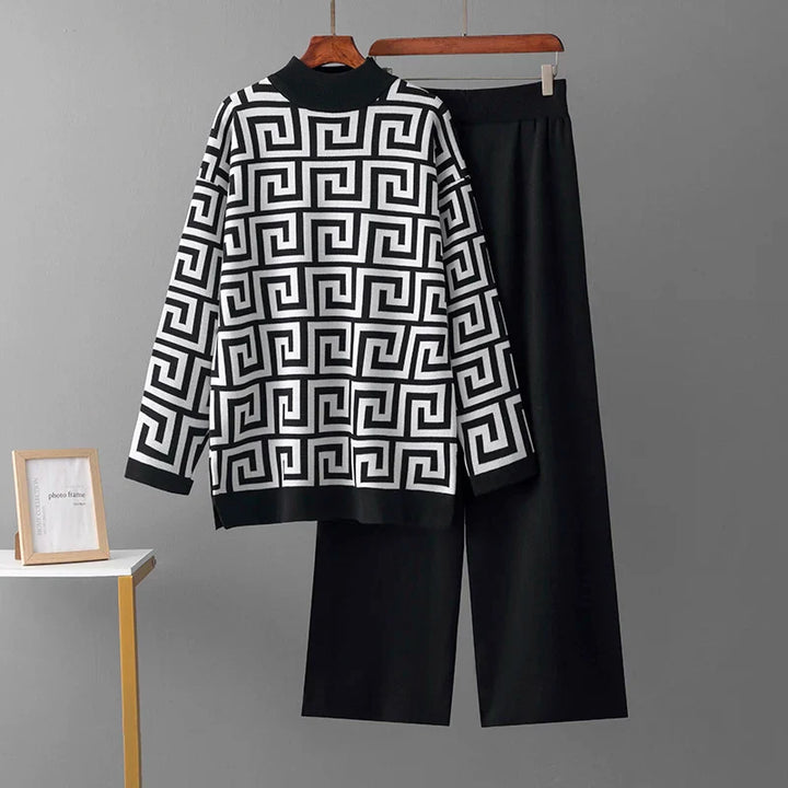 Lente/herfst o-hals jacquard trui en elegante casual losse broek 2 stuks - set-Sets & Pakken-Calora-Zwart-Eén maat-Calora