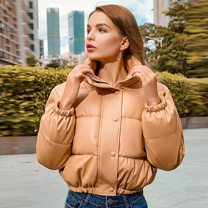 Leny | Elegante dames winter PU leren rits bomberjas-Leren Jassen-Calora-Khaki-S-Calora
