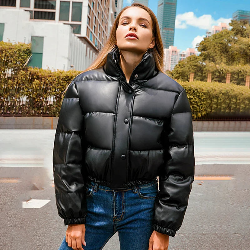 Leny | Elegante dames winter PU leren rits bomberjas-Leren Jassen-Calora-Zwart-S-Calora